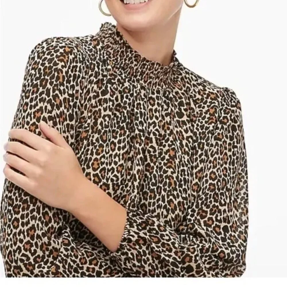 J Crew XS Leopard Print Smocked Long‎ Sleeve Blouse Mock High Neck Modest
